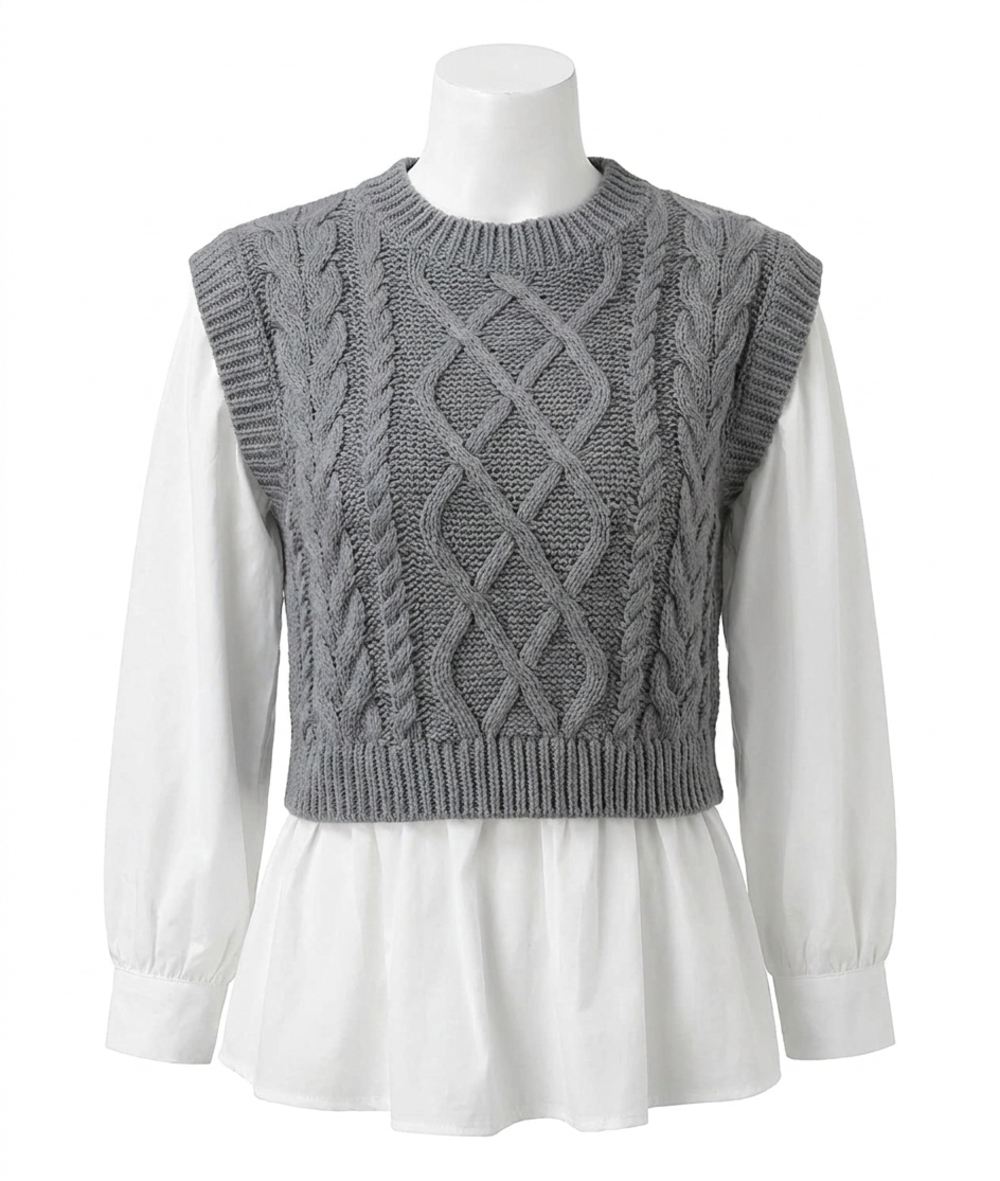 NEW BLU PEPPER mixed media cable sweater in grey